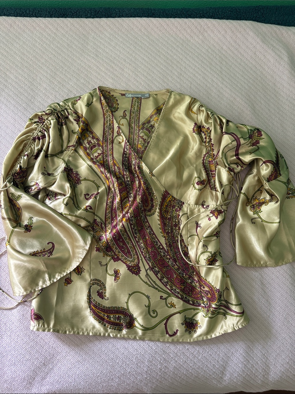 Paisley Satin Wrap Blouse in Lime Green with Pink Accents